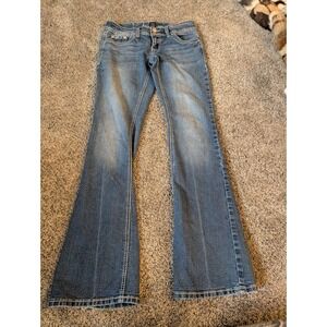 Ariya Jeans Womens 5/6 Blue Medium Wash Low Rise Flare Y2K Contrast Stitch Denim